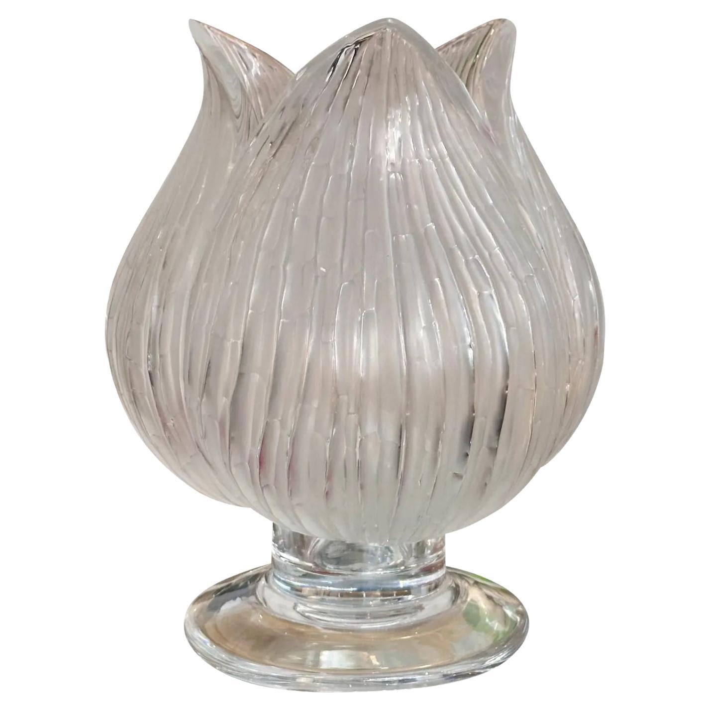 Signed Lalique French Crystal Three Petal Footed Flower Vase For Sale