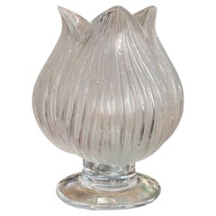 Used Signed Lalique French Crystal Three Petal Footed Flower Vase