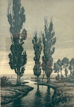 Stampa firmata raffigurante un paesaggio con pioppi, anni ’20 circa