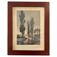 Signed Landscape Print with Poplar Trees, circa 1920s