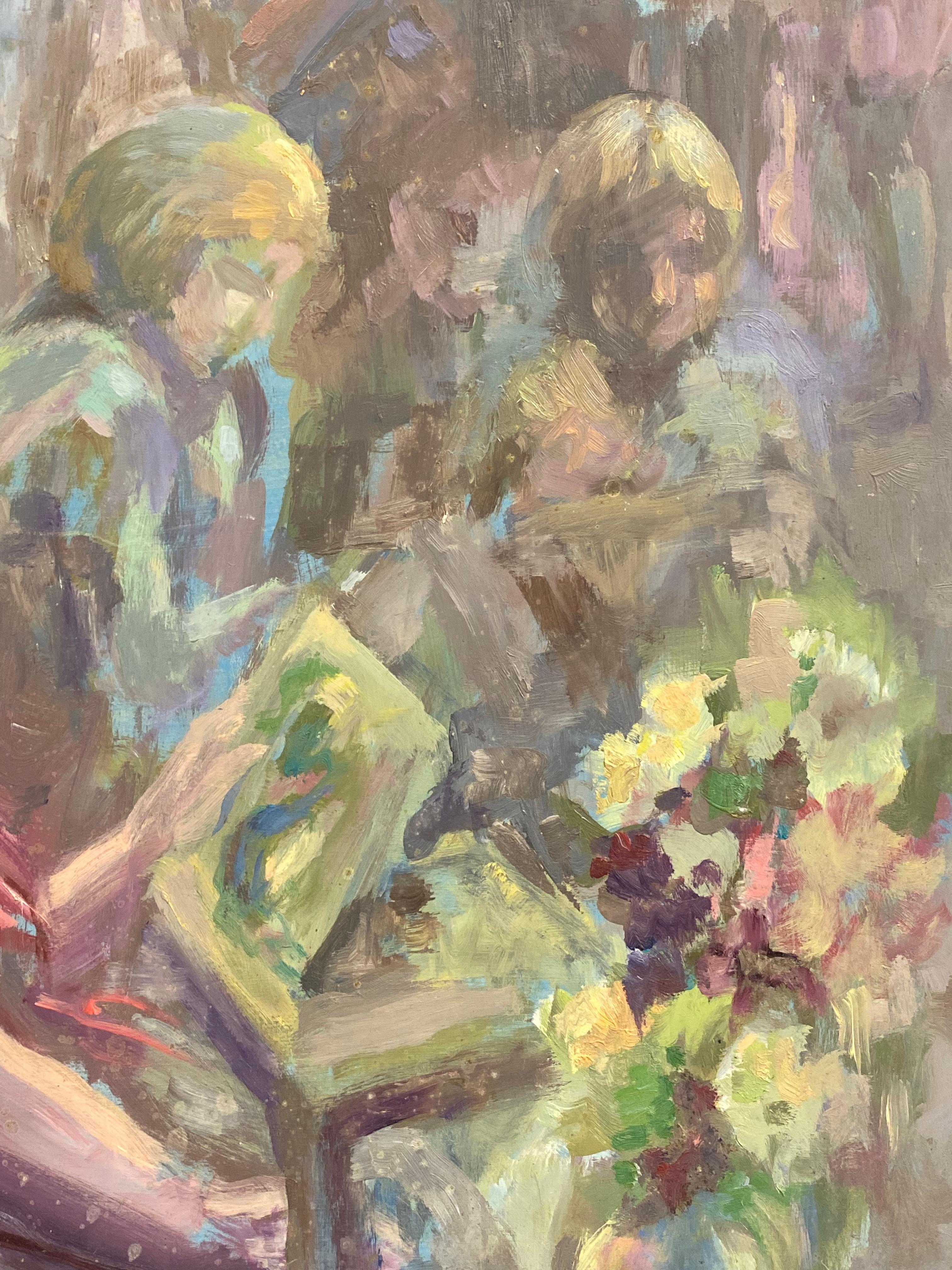 Signed Large 1960's British Original Oil Painting, Figures Reading In Good Condition For Sale In Cirencester, GB