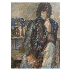 Grande peinture à l'huile originale britannique des années 1960 signée, l'homme au costume bleu