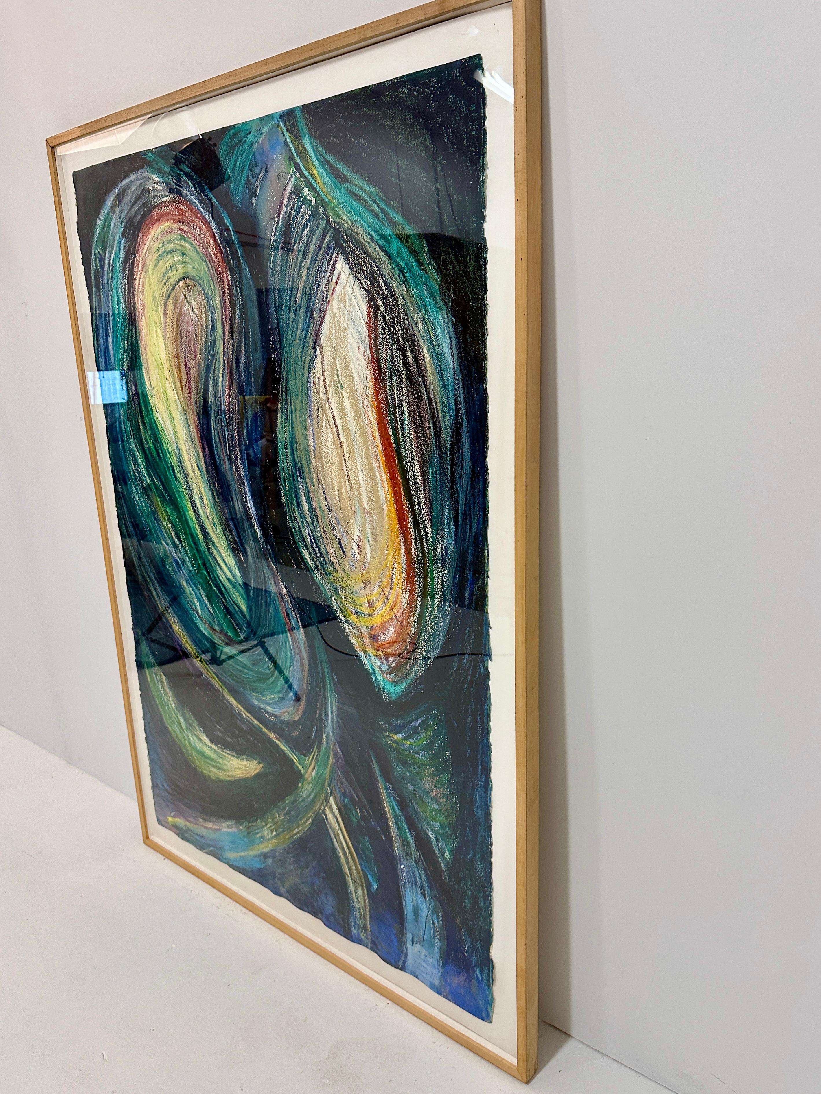 This large works by Bernice Alpert Winick is acrylic on paper shown in its original frame. Great size: framed dimension 65.25