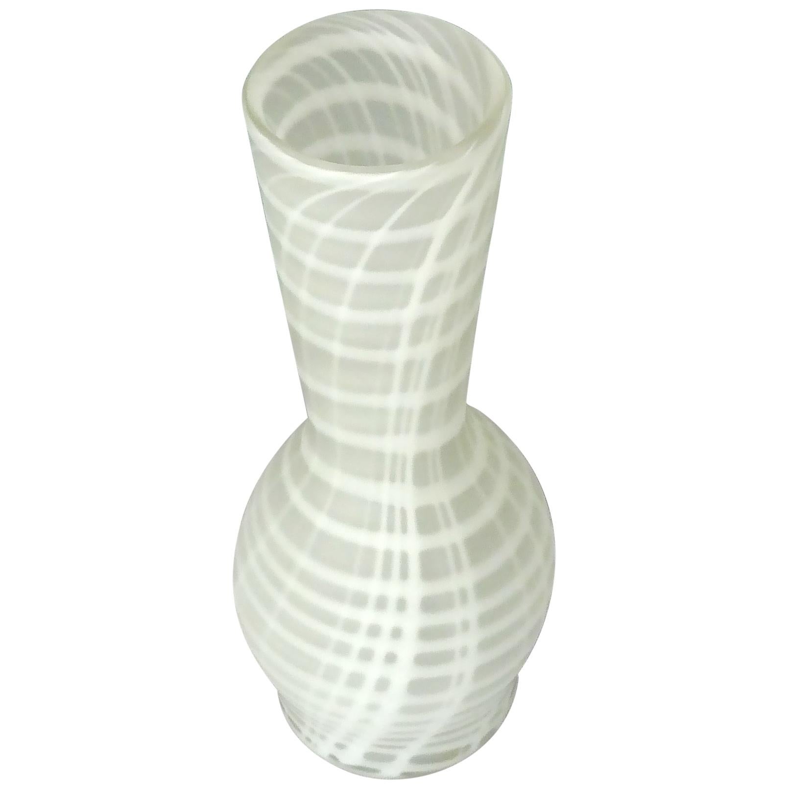 Signed Large Giuliano Tosi Art Glass Vase Satin White Stripes, Italy, 1970s For Sale