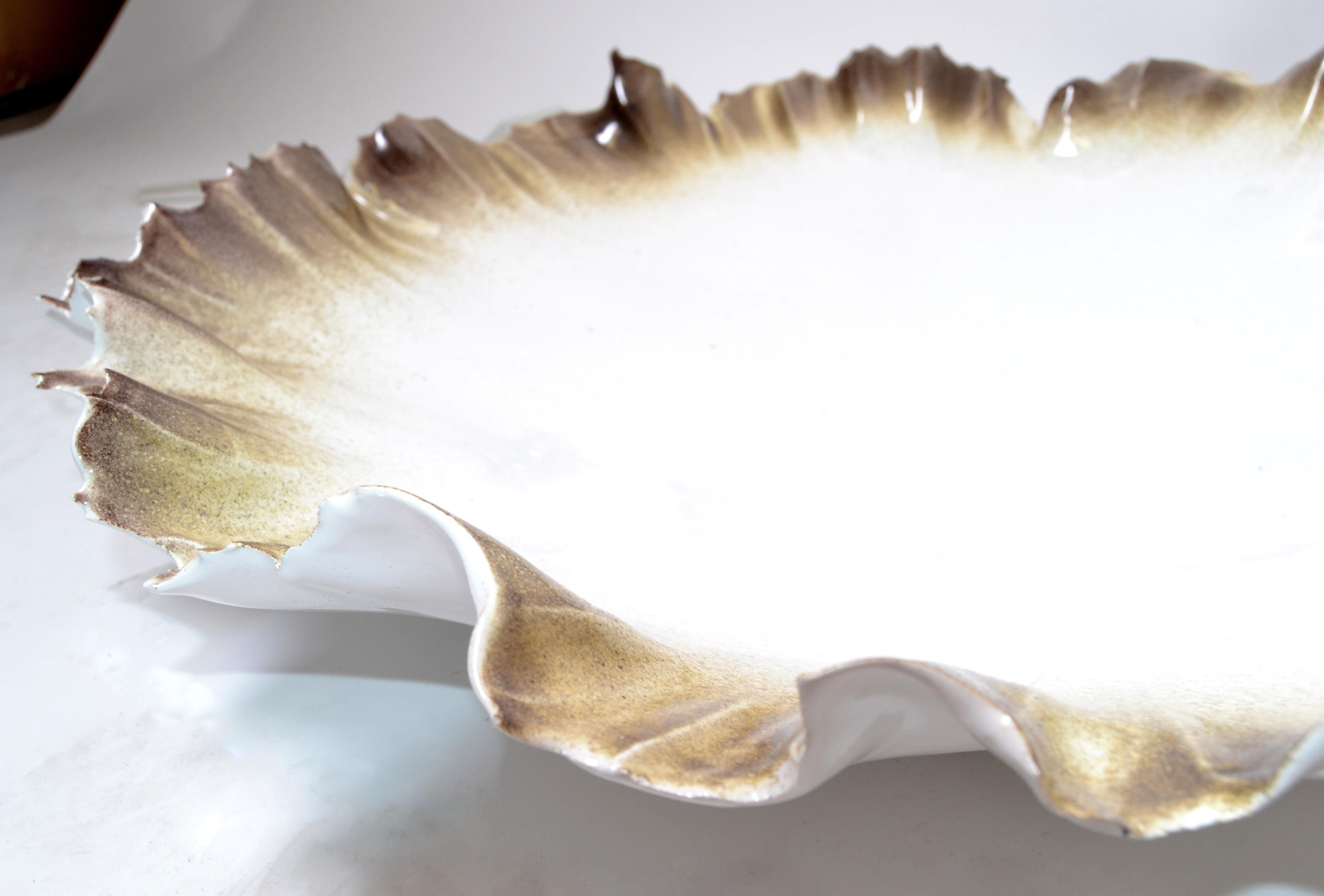 American Signed Large Glazed Ceramic Seashell Bowl Centerpiece in White and Sand Color For Sale
