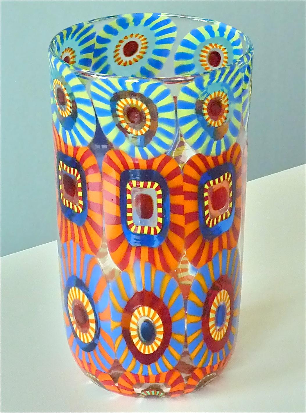 A large and colorful handcrafted Murano Murine art glass vase by Eli Vetri Dárte di Formentello from Murano Italy, 21th Century. The quality of the art glass vase is comparable to Venini and Barovier & Toso. An amazing composition of large colorful