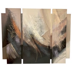 Signed Large Mid Century Original Triptych Abstract Paintings on Canvas
