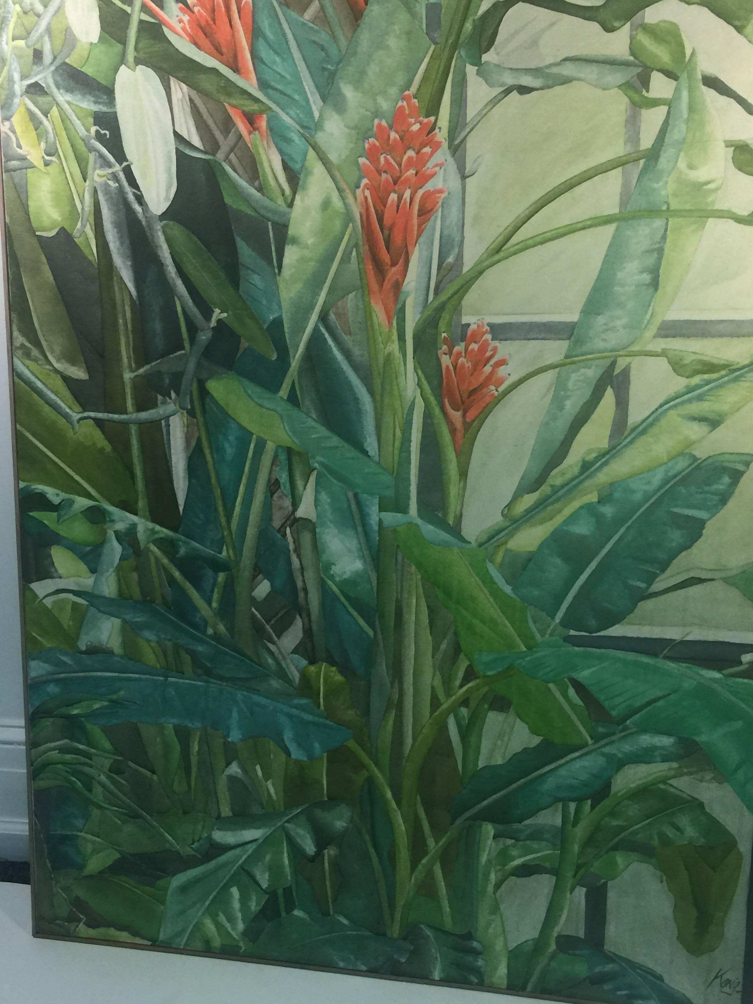 Signed Large Modern Tropical Flowers in Green House Painting 2