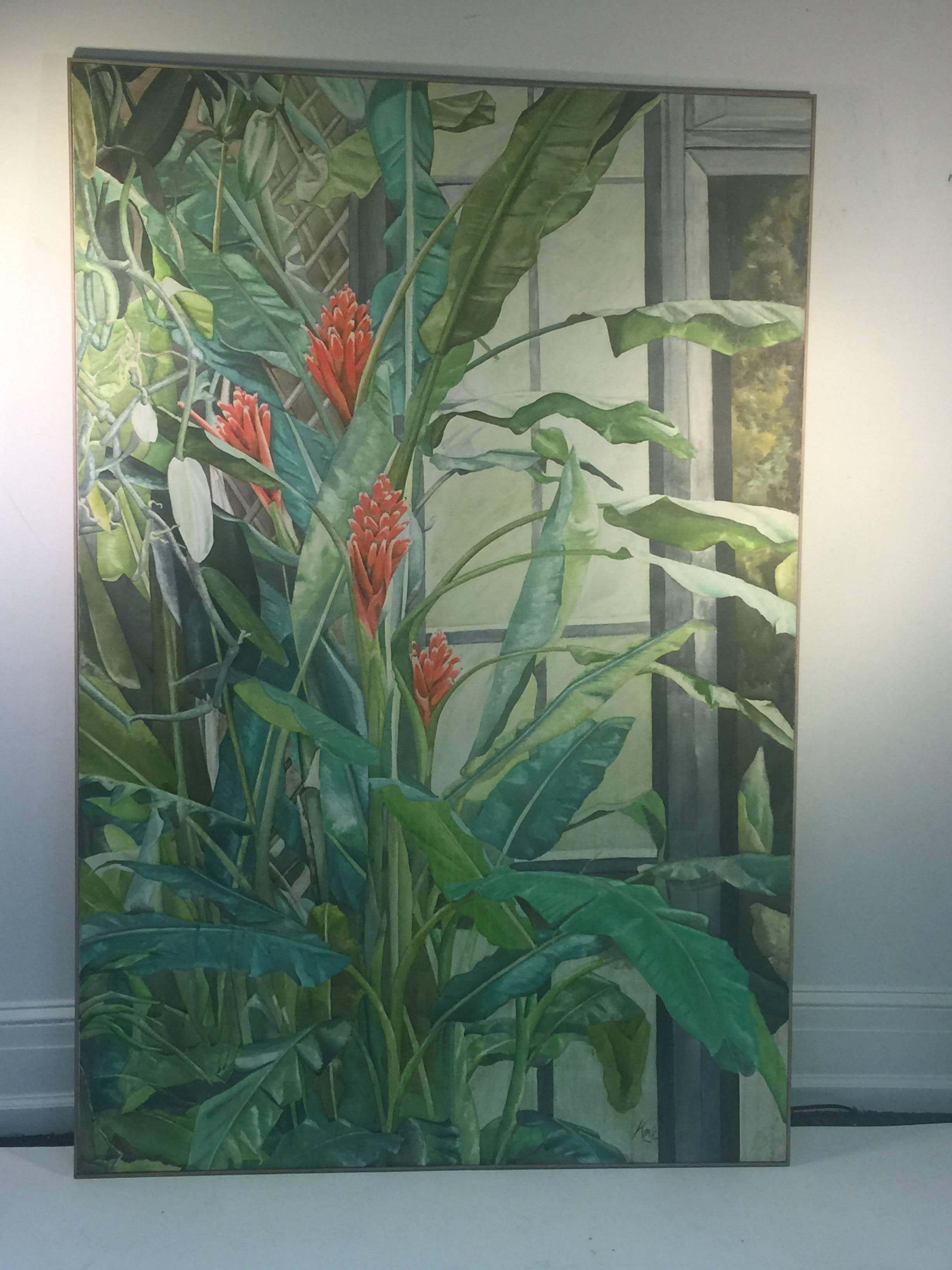 Modern large-scale painting on canvas of lush red tropical flowers and deep green leaves and other exotic foilage in the interior of a green house, painted in 1985 and signed in the lower right corner 'Konigstein'. Framed in a light wood original