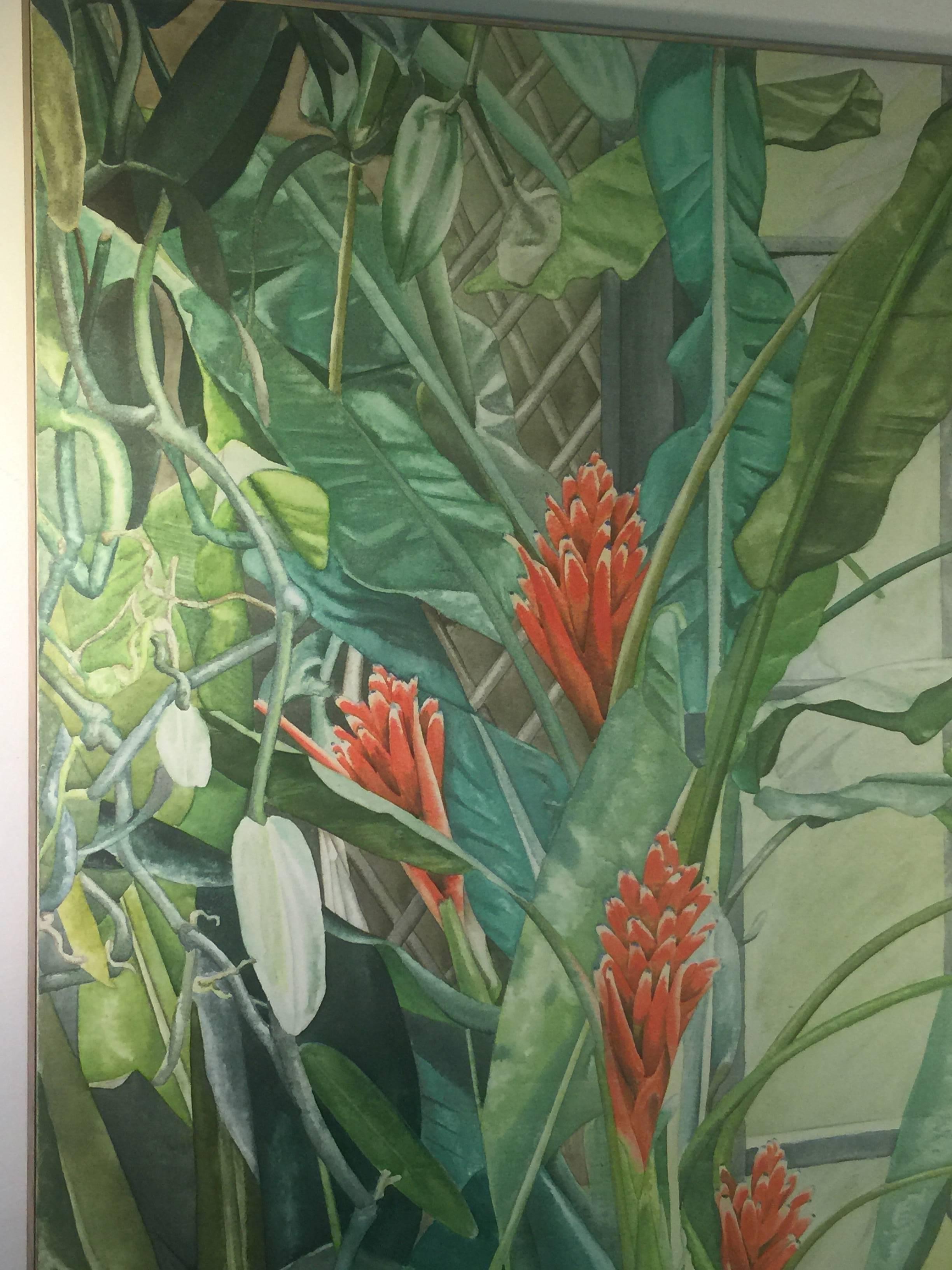 American Signed Large Modern Tropical Flowers in Green House Painting
