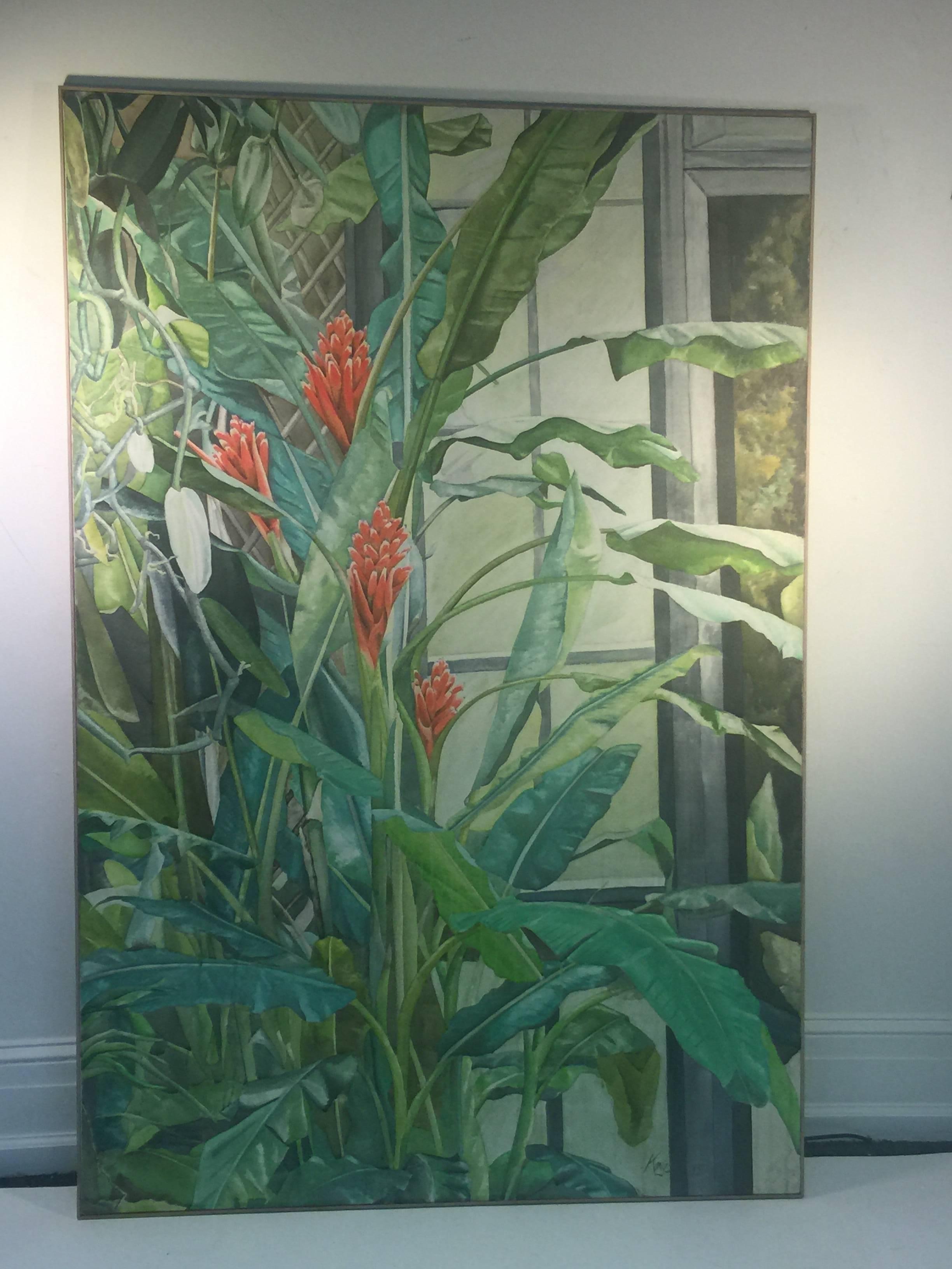 Painted Signed Large Modern Tropical Flowers in Green House Painting