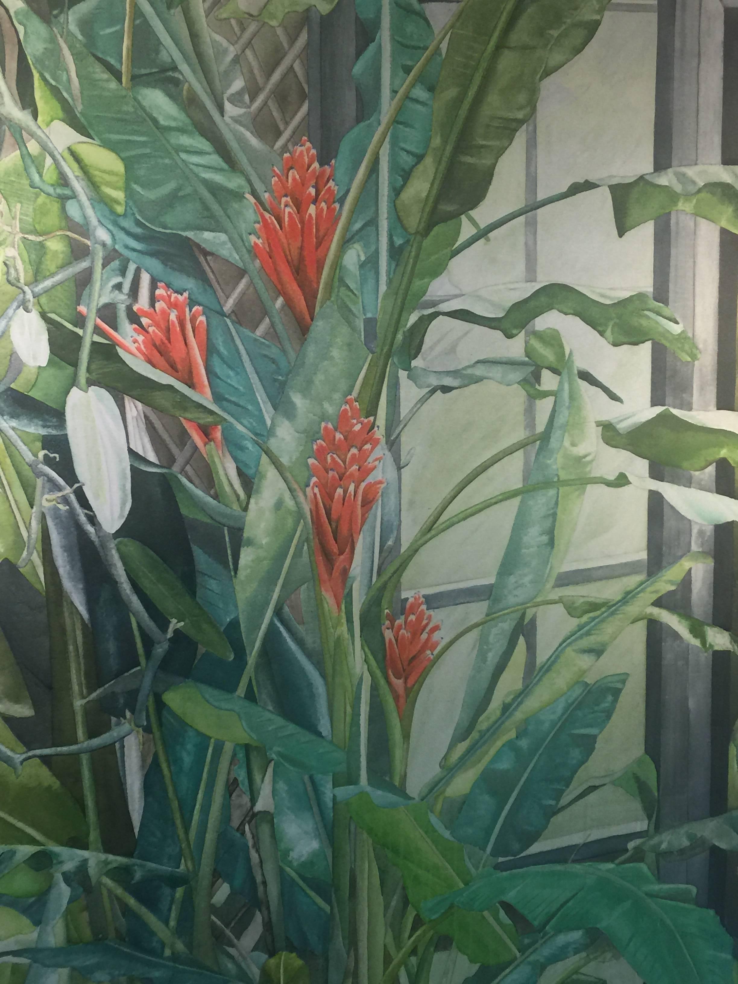 Signed Large Modern Tropical Flowers in Green House Painting In Good Condition In Allentown, PA