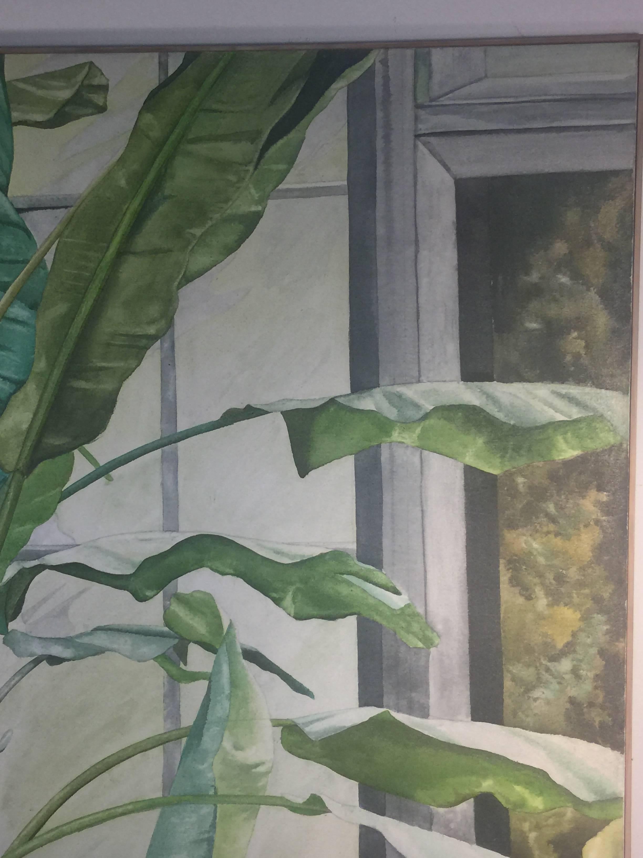 Late 20th Century Signed Large Modern Tropical Flowers in Green House Painting