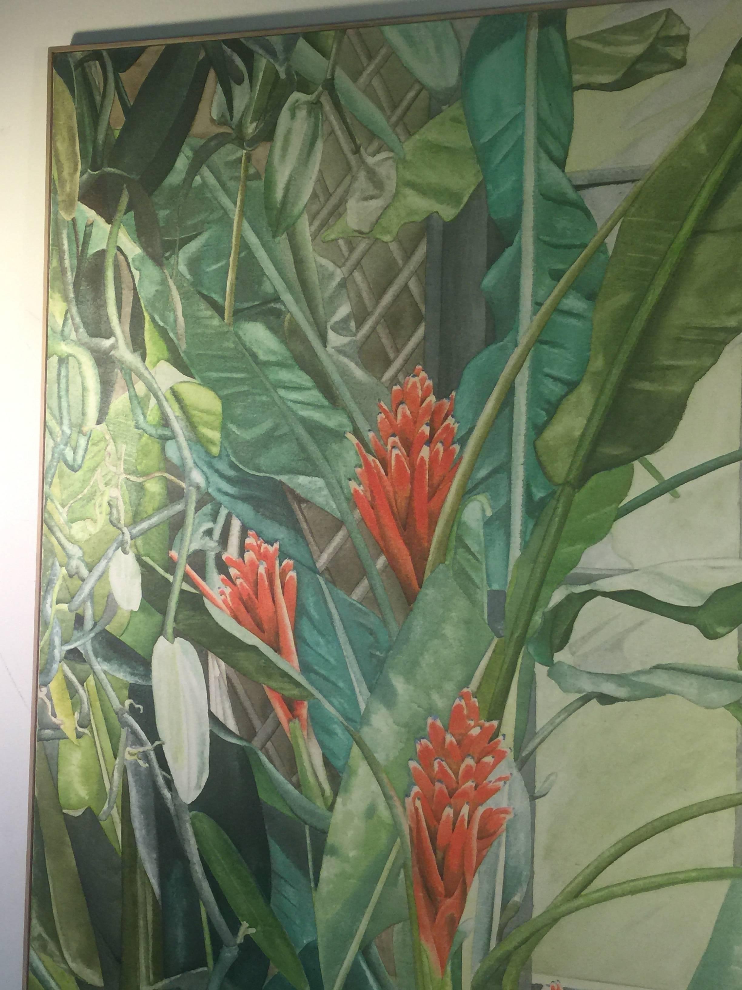 Canvas Signed Large Modern Tropical Flowers in Green House Painting