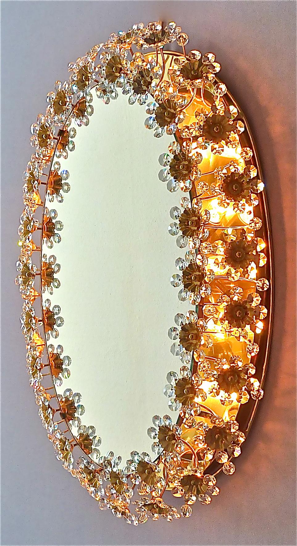 Signed Large Oval Palwa Flower Backlit Mirror Gilt Crystal Glass 1970s Lobmeyr For Sale 7
