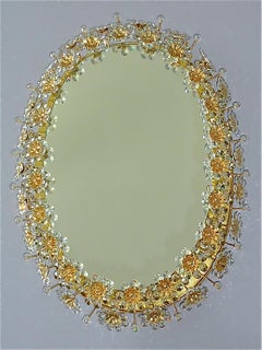 Signed Large Oval Palwa Flower Backlit Mirror Gilt Crystal Glass 1970s Lobmeyr