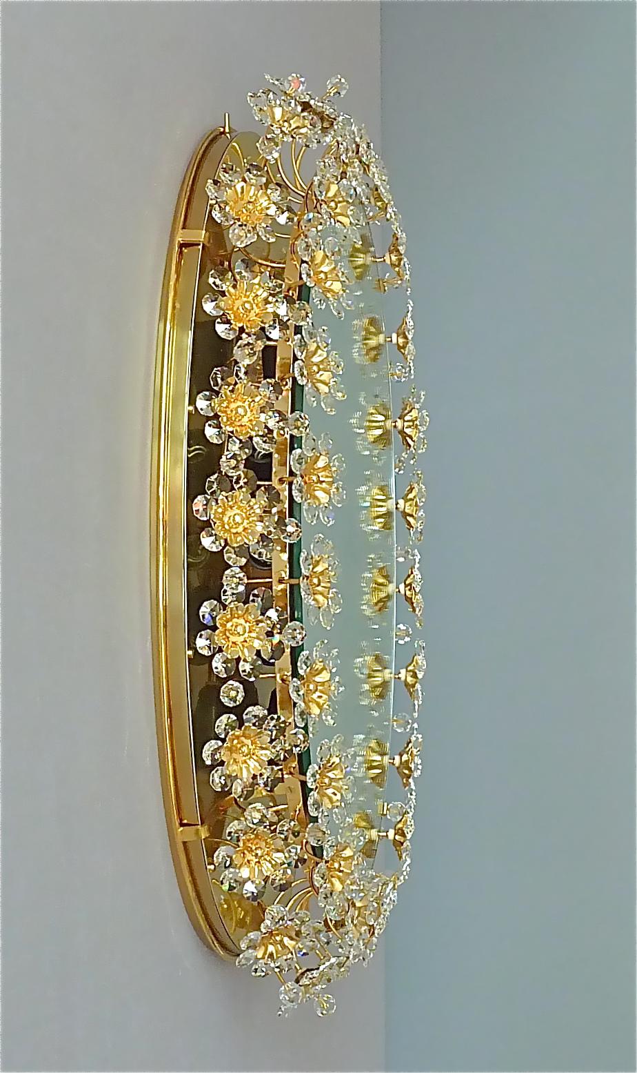 Hollywood Regency Signed Large Oval Palwa Flower Backlit Mirror Gilt Crystal Glass 1970s Lobmeyr For Sale