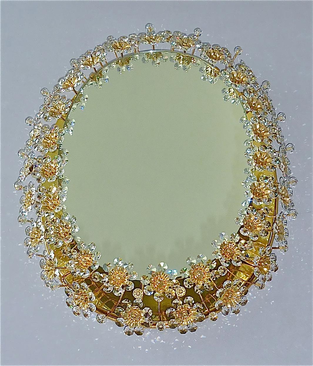 German Signed Large Oval Palwa Flower Backlit Mirror Gilt Crystal Glass 1970s Lobmeyr For Sale