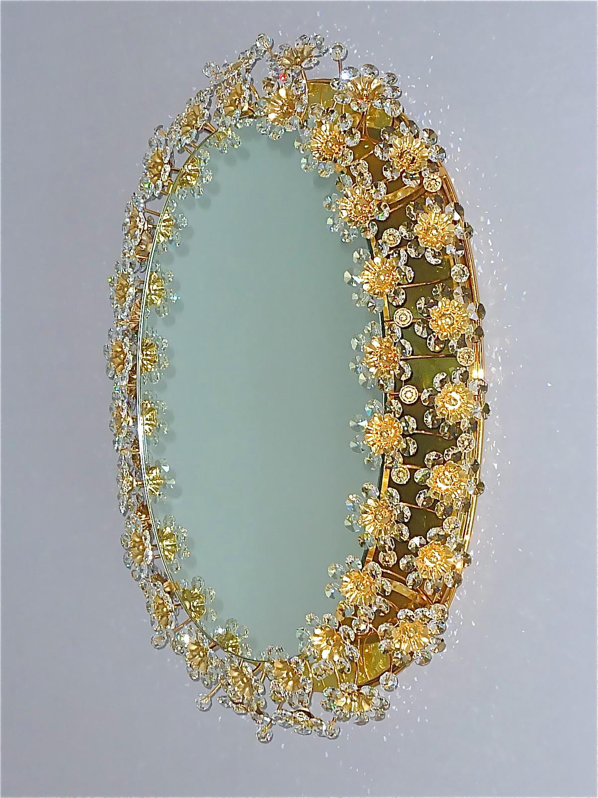 Signed Large Oval Palwa Flower Backlit Mirror Gilt Crystal Glass 1970s Lobmeyr In Good Condition For Sale In Nierstein am Rhein, DE