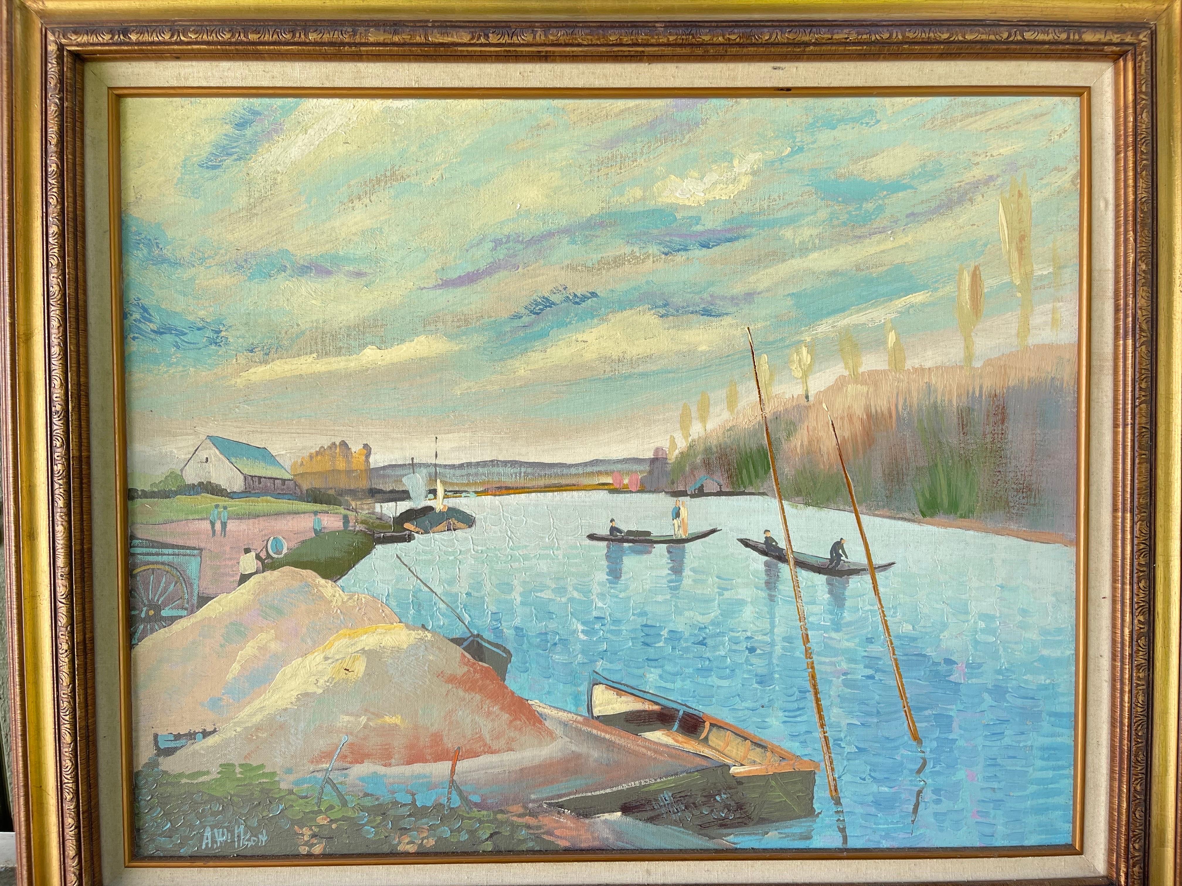 Quadro di grandi dimensioni firmato raffigurante un lago in riva al mare. Grazioso olio su tela dalle tonalità pastello in una cornice di legno. Firmato in basso a sinistra A. Willcott.