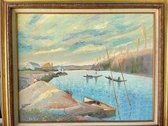 Signed Large Painting of a Waterfront Lake