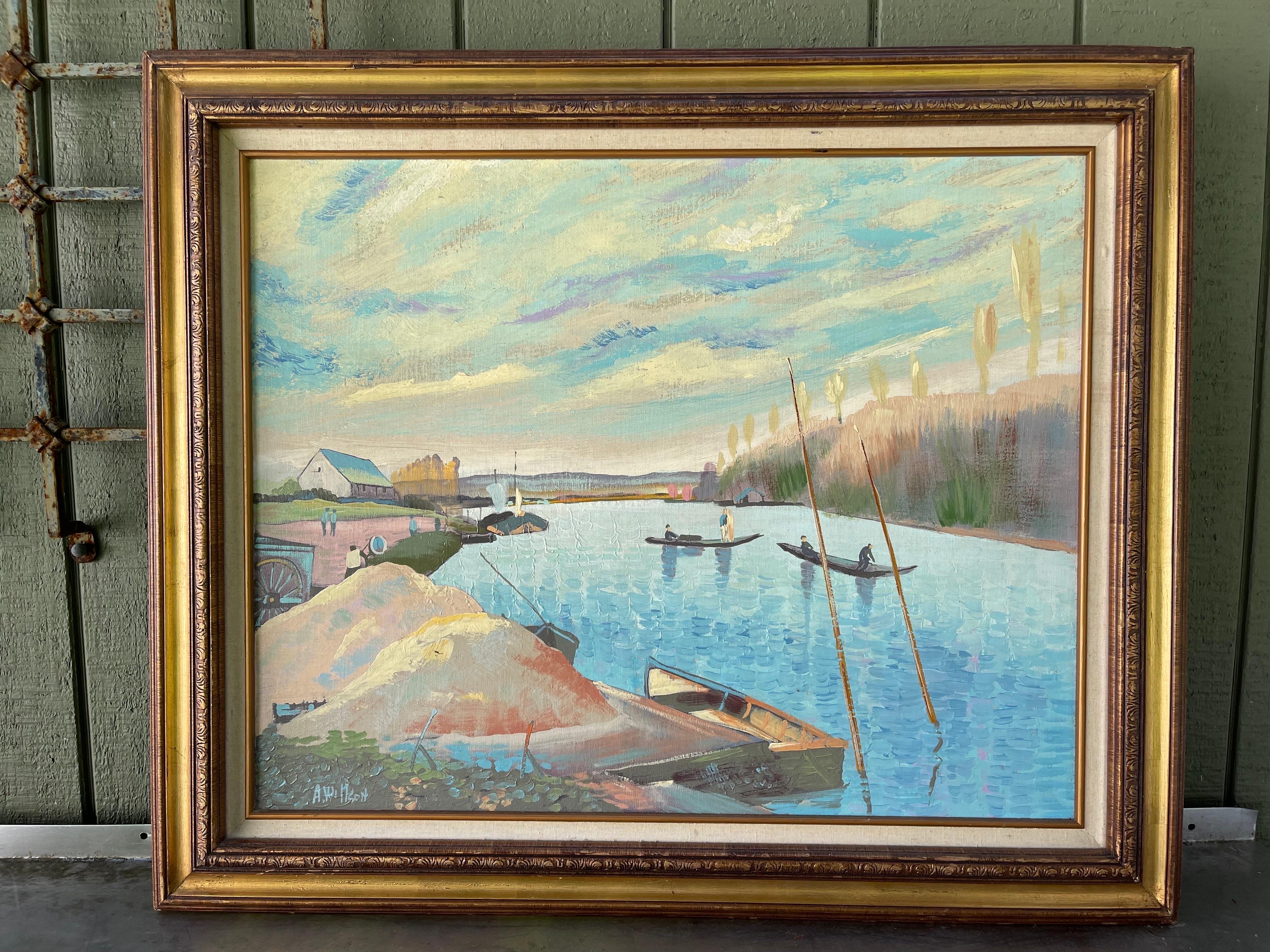 Quadro di grandi dimensioni firmato raffigurante un lago in riva al mare In condizioni buone in vendita a Redding, CT