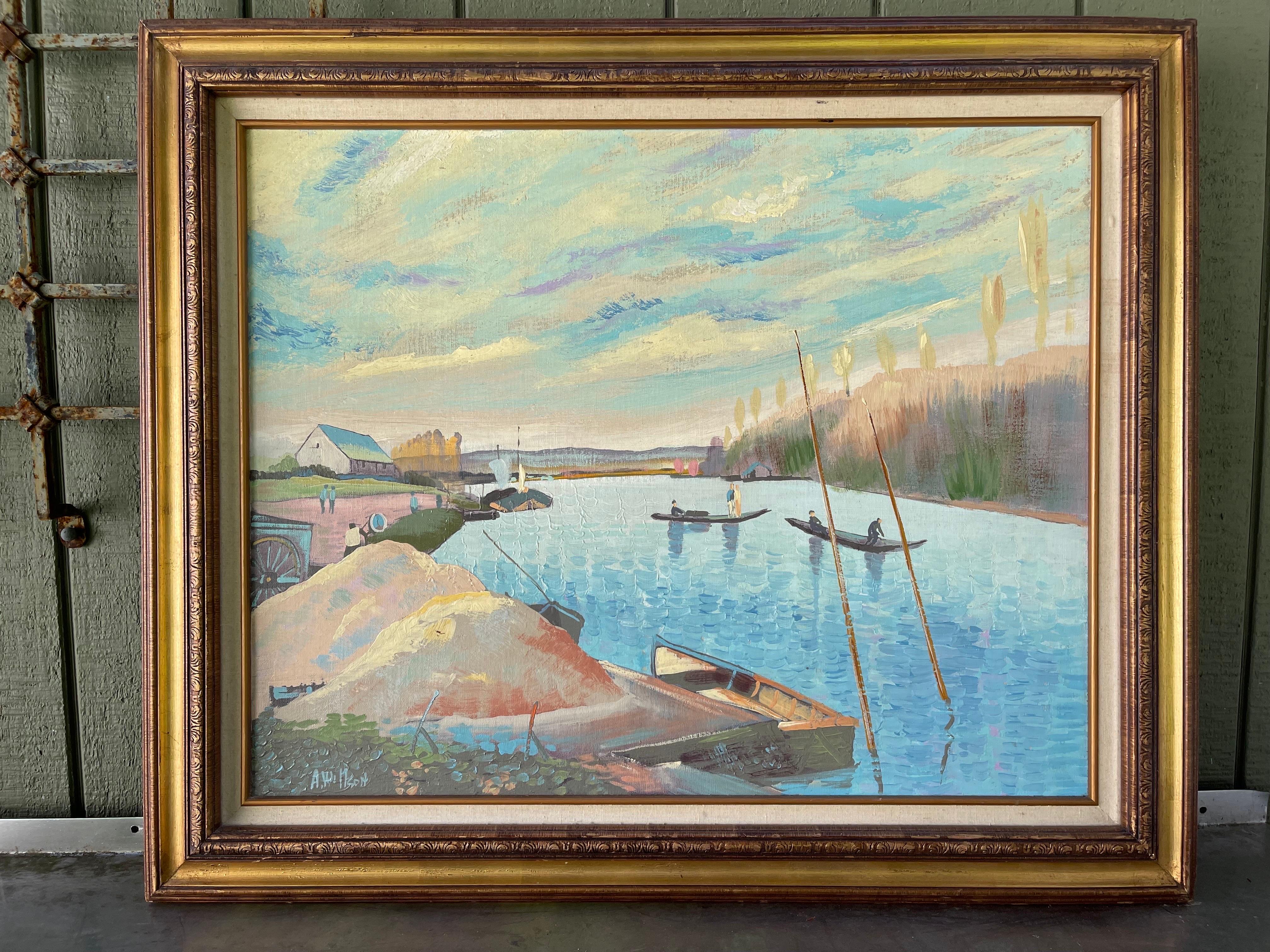 Tela Quadro di grandi dimensioni firmato raffigurante un lago in riva al mare in vendita