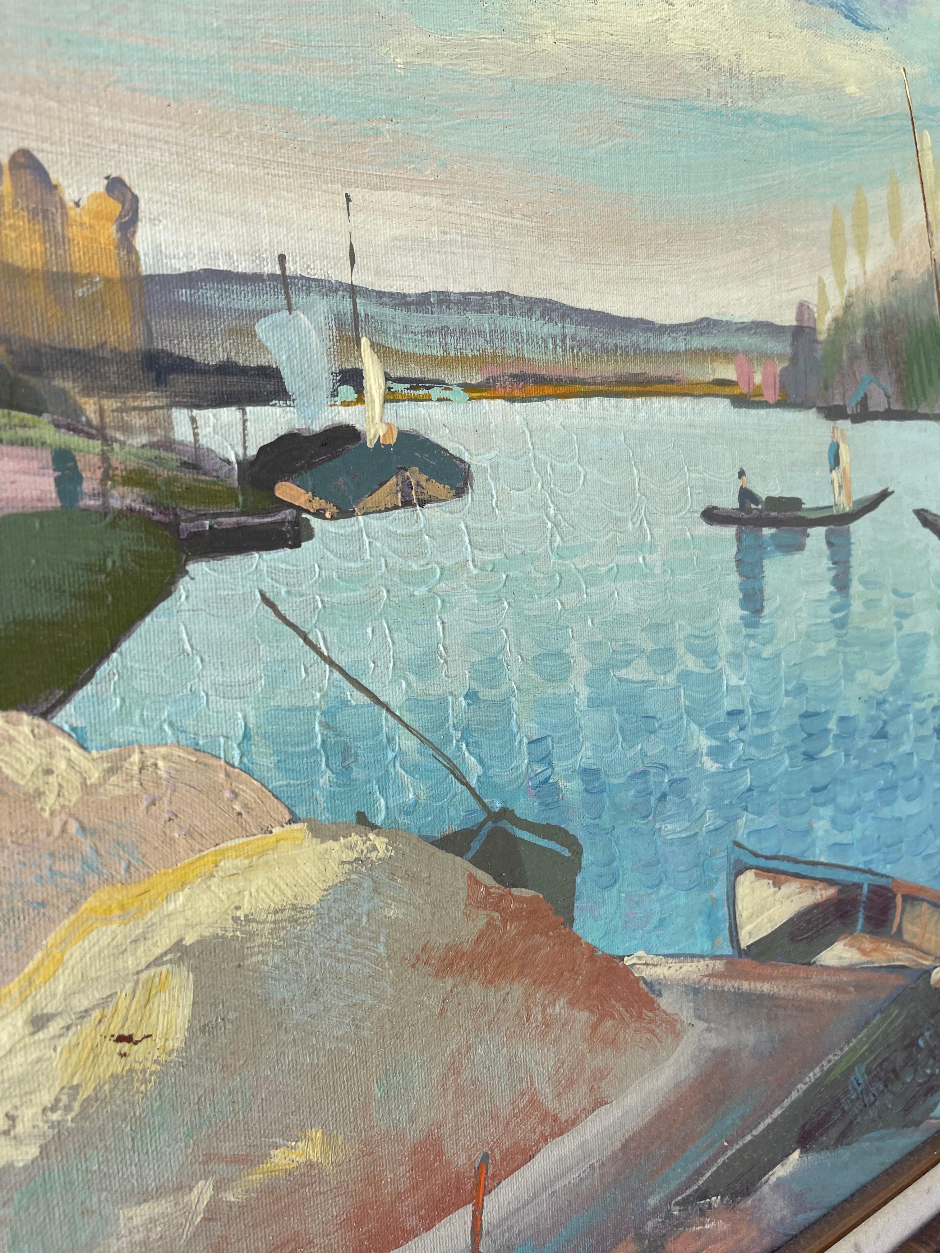 Quadro di grandi dimensioni firmato raffigurante un lago in riva al mare in vendita 2