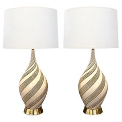 Signed Large Pair 1960s Ivory Glazed Spiral Lamps by Quartite Creative Corp