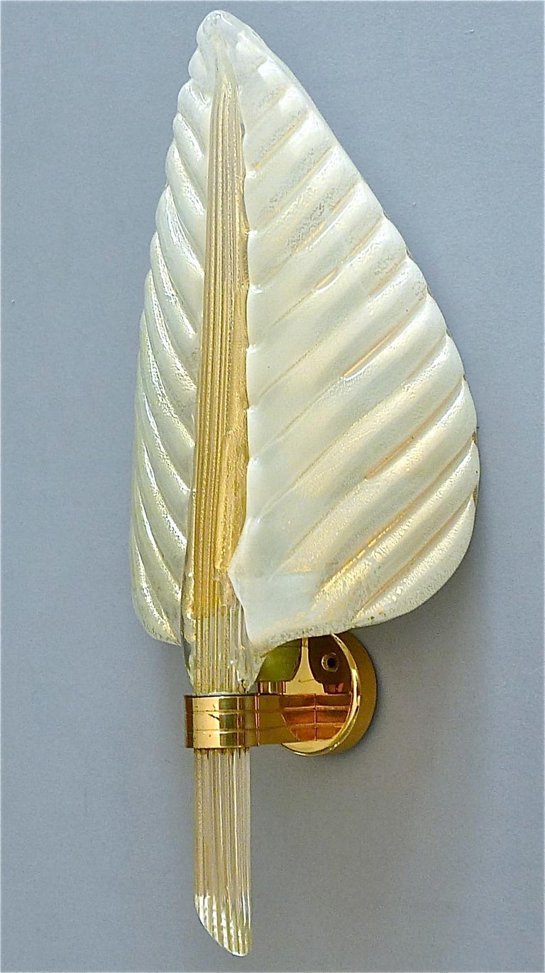 Signed Large Pair Barovier Leaf Sconces Gilt Brass Murano Glass Ivory White Gold For Sale 6