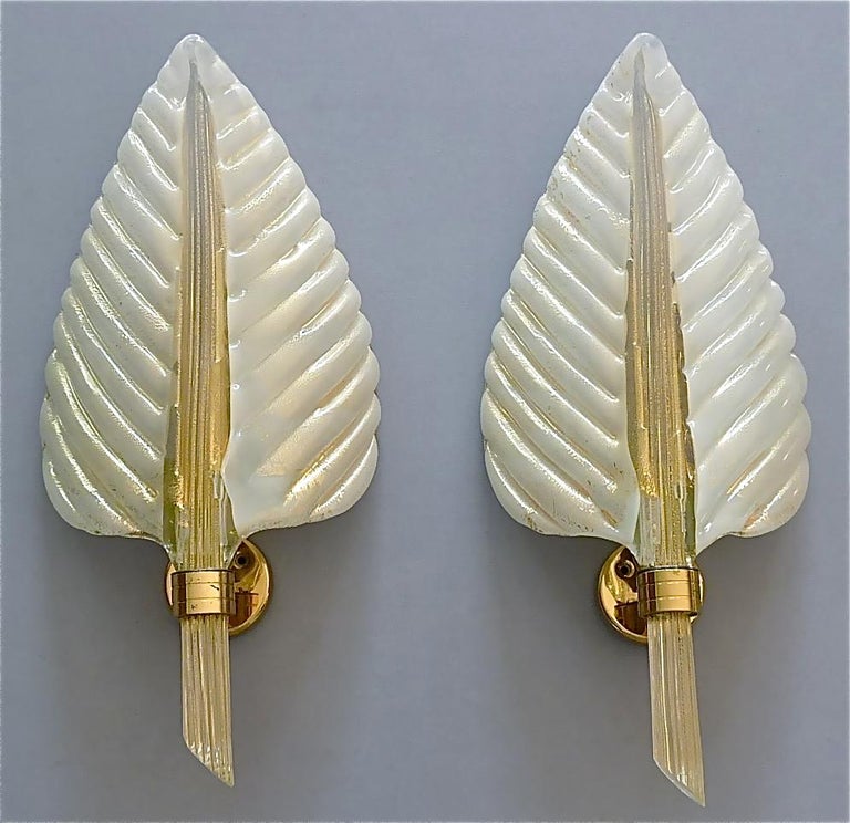 Signed Large Pair Barovier Leaf Sconces Gilt Brass Murano Glass Ivory White Gold For Sale 9