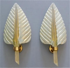 Signed Large Pair Barovier Leaf Sconces Gilt Brass Murano Glass Ivory White Gold