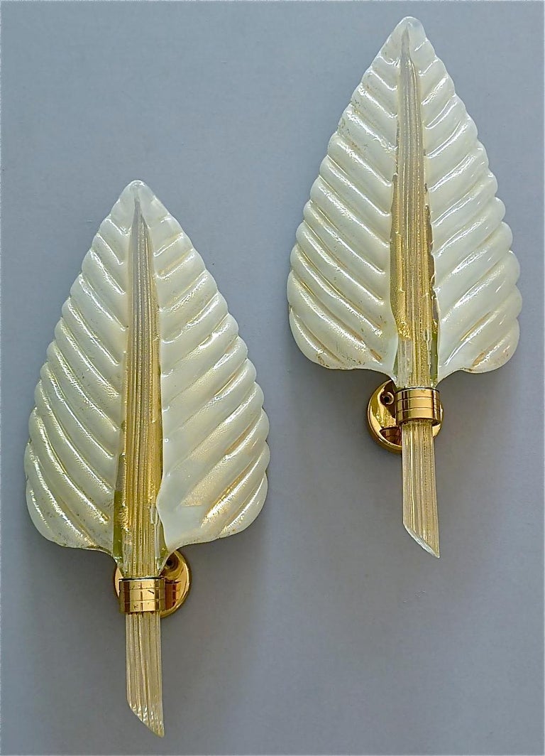 Mid-Century Modern Signed Large Pair Barovier Leaf Sconces Gilt Brass Murano Glass Ivory White Gold For Sale