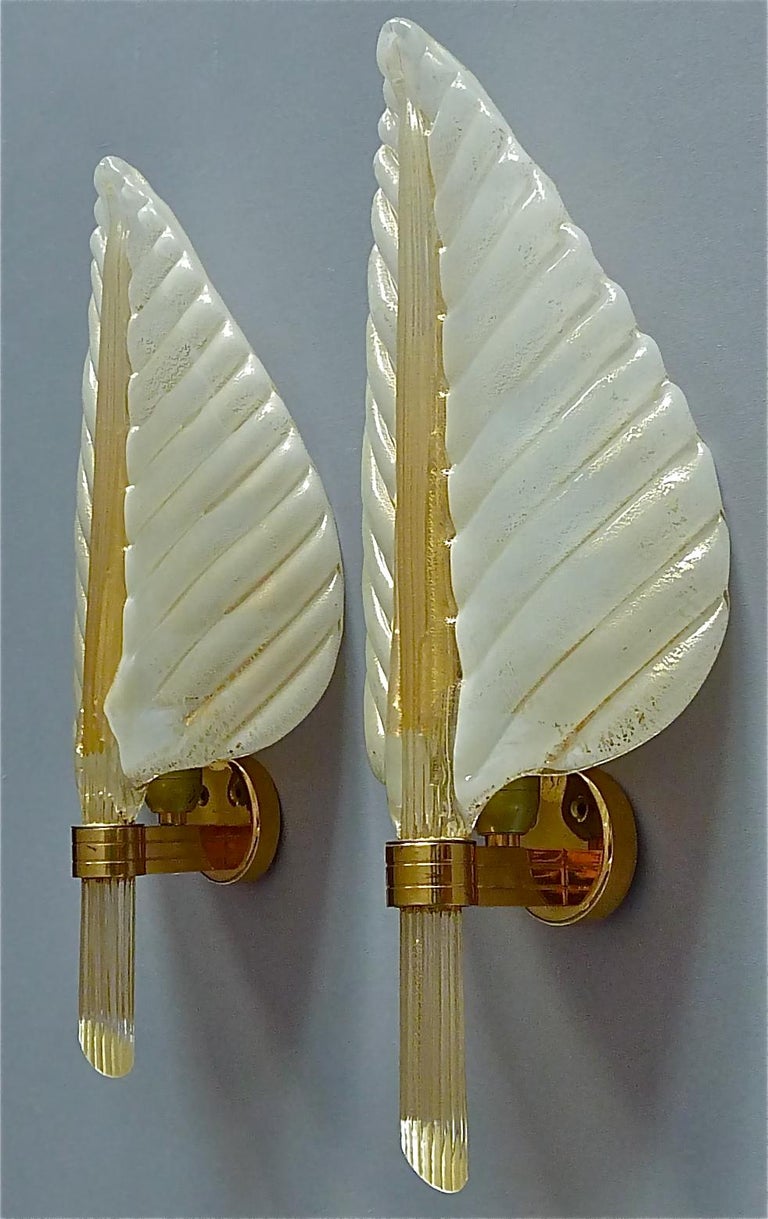 Late 20th Century Signed Large Pair Barovier Leaf Sconces Gilt Brass Murano Glass Ivory White Gold For Sale