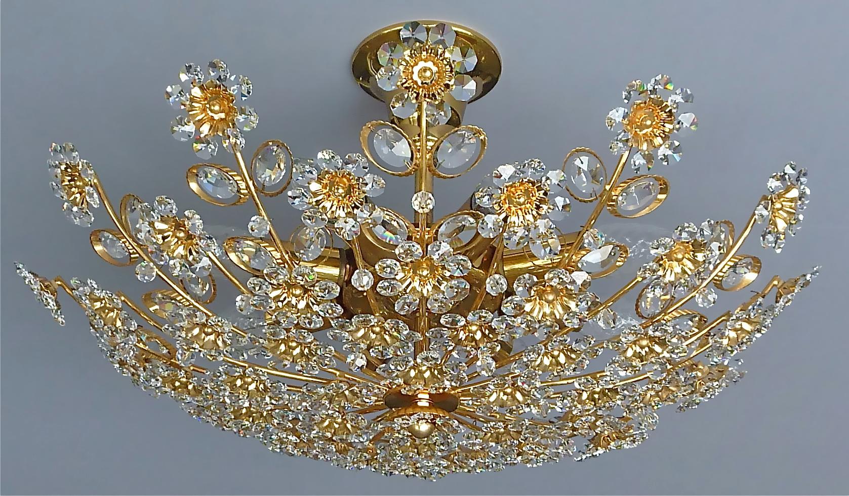 Mid-20th Century Signed Large Palwa Flushmount Chandelier Gilt Brass Flower Bouquet Crystal Glass
