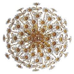 Signed Large Palwa Flushmount Chandelier Gilt Brass Flower Bouquet Crystal Glass