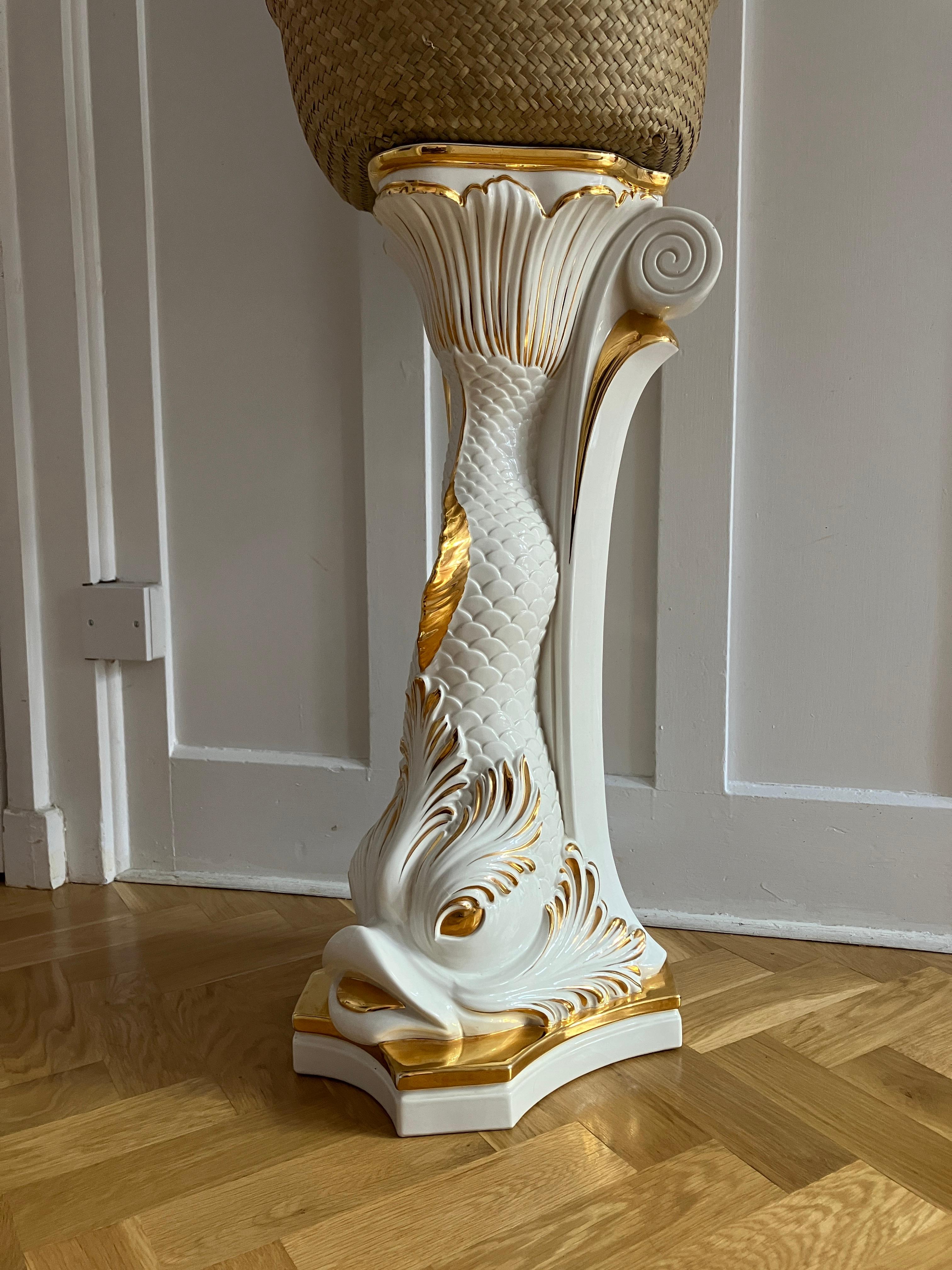 Italian Signed Large Porcelain Pedestal Gold Fish by Carroro Vittorio Made in Italy