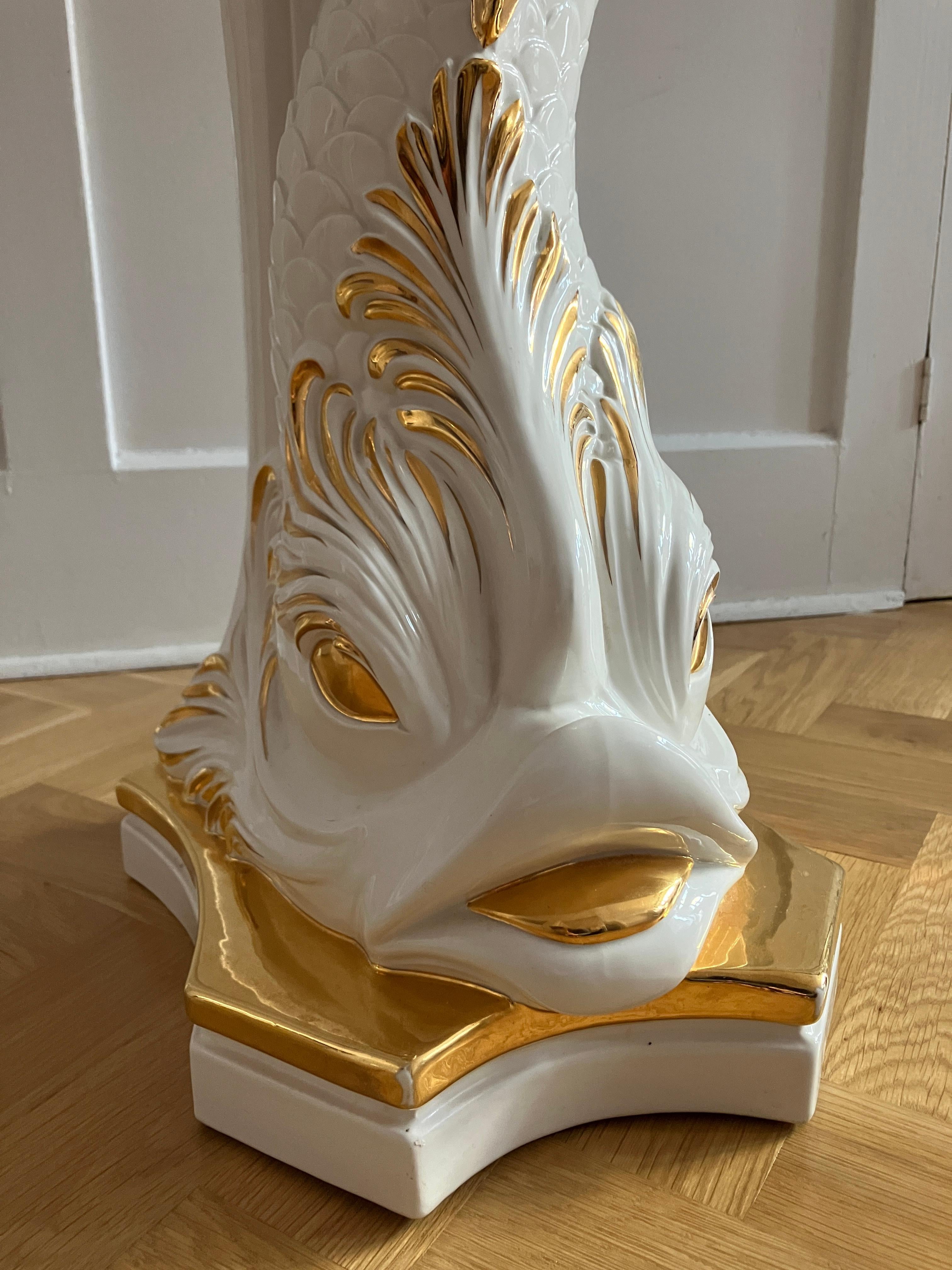 20th Century Signed Large Porcelain Pedestal Gold Fish by Carroro Vittorio Made in Italy