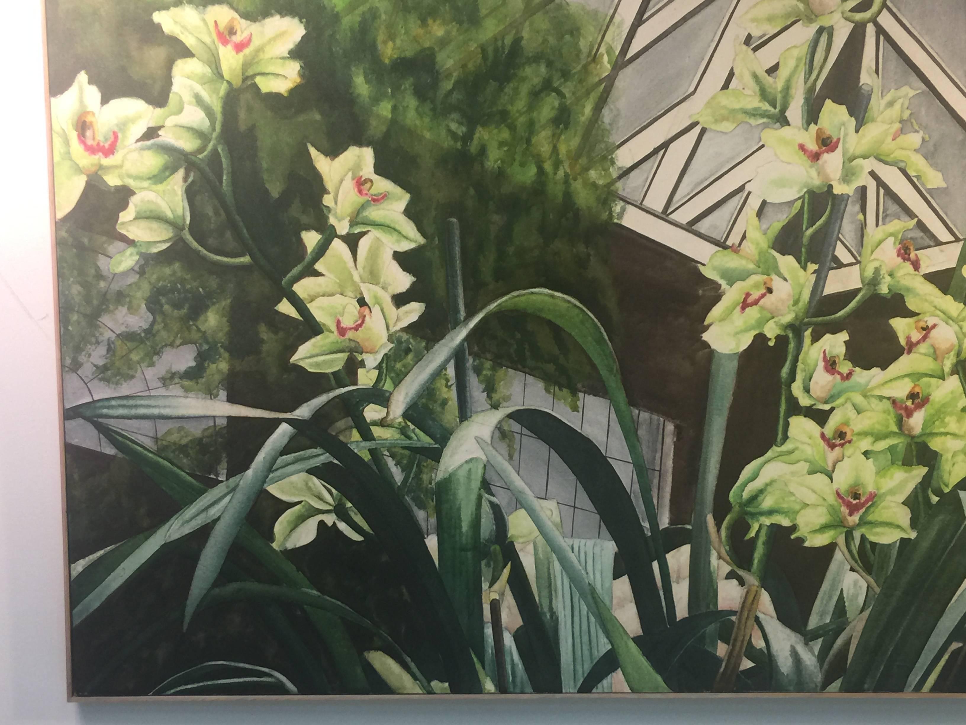 Signed Large Scale Modern Exotic Orchids in Green House Painting For Sale 3