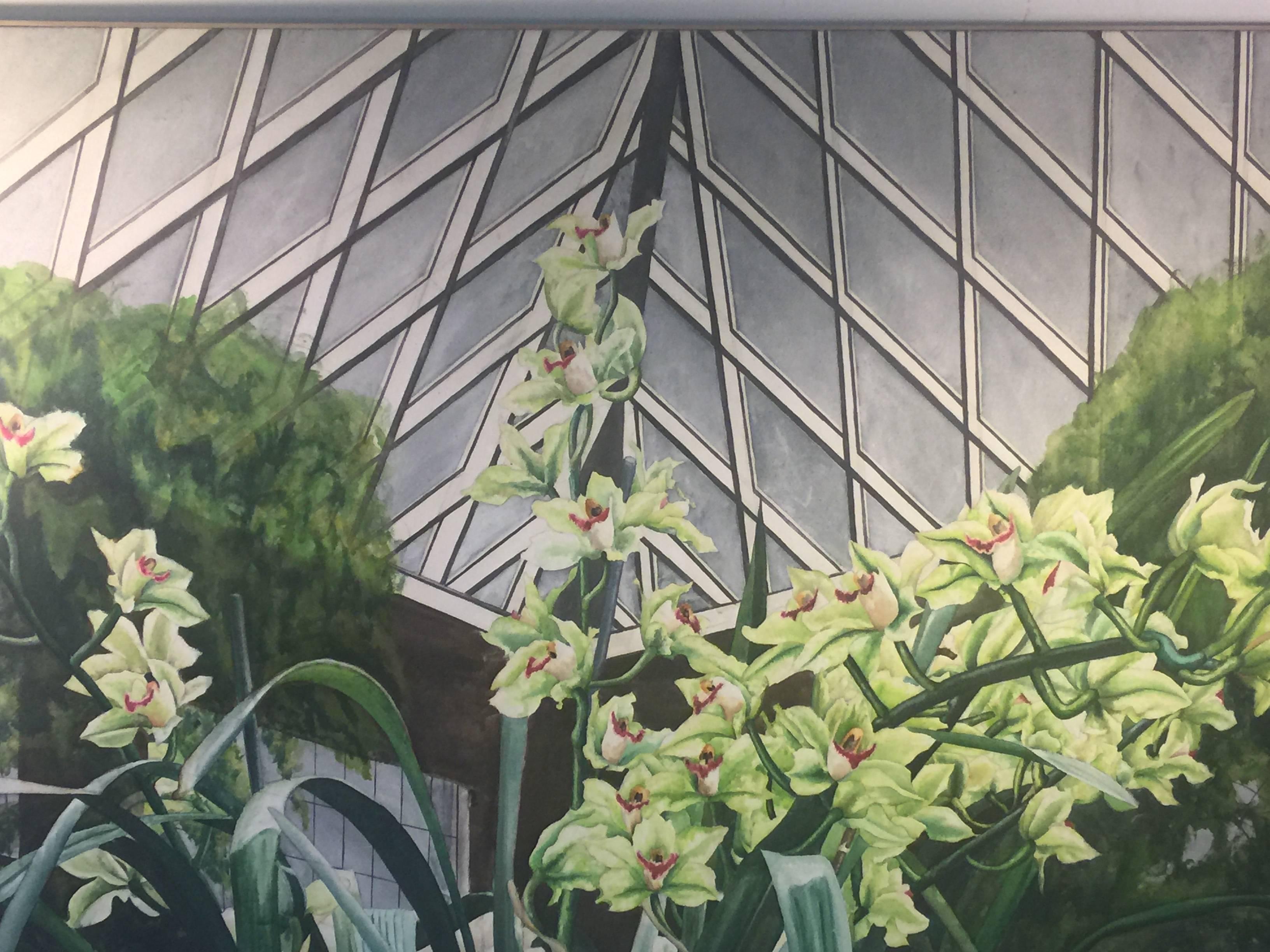 Large-scale painting of white and fuschia exotic orchids in green house painting. Lush green flora painted within the interior of a modernist green house. Signed 'Konigsberg' and dated 1985.