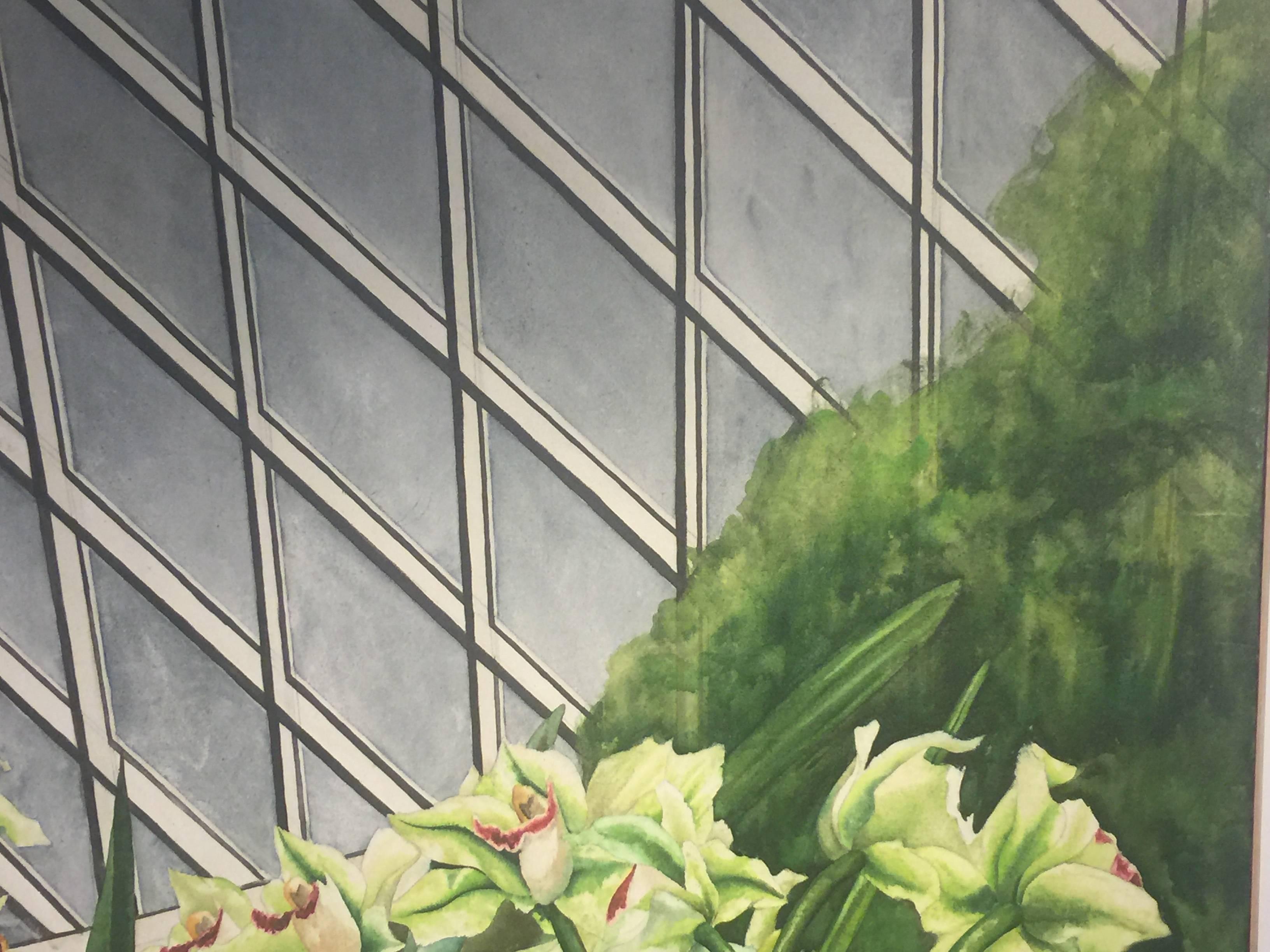 Signed Large Scale Modern Exotic Orchids in Green House Painting In Good Condition For Sale In Allentown, PA