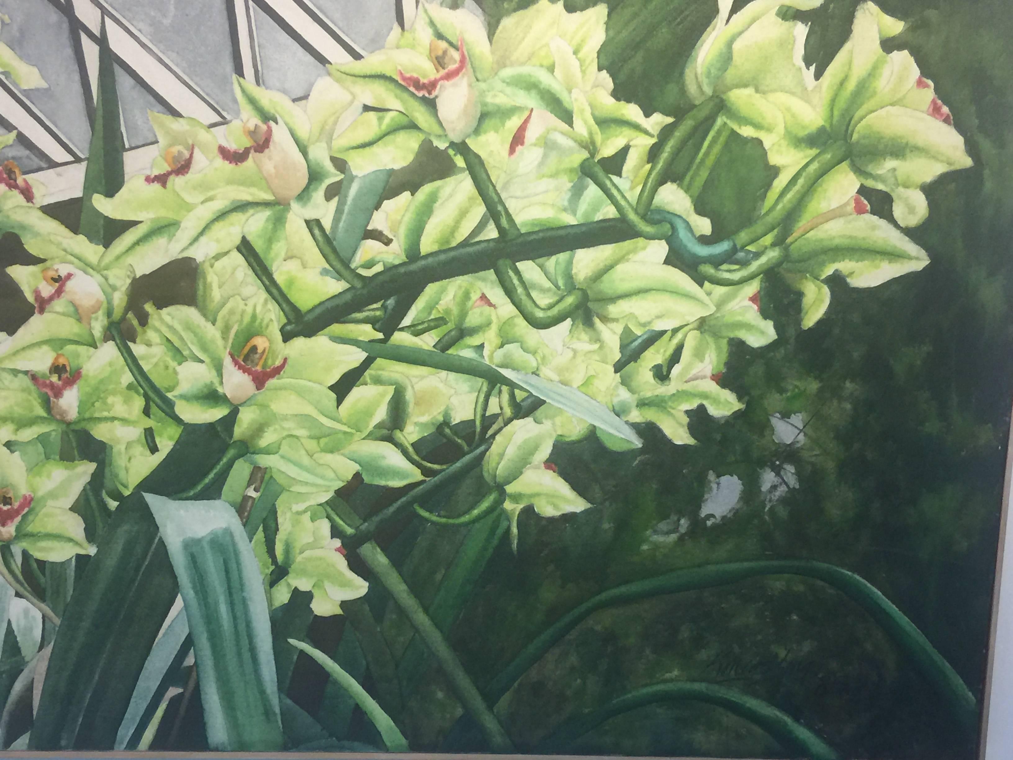 Late 20th Century Signed Large Scale Modern Exotic Orchids in Green House Painting For Sale