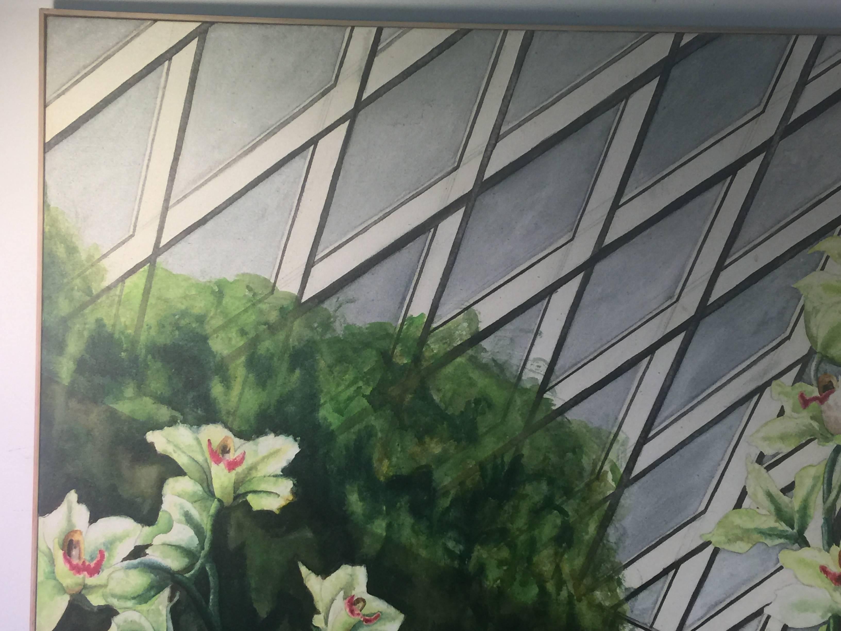 Canvas Signed Large Scale Modern Exotic Orchids in Green House Painting For Sale
