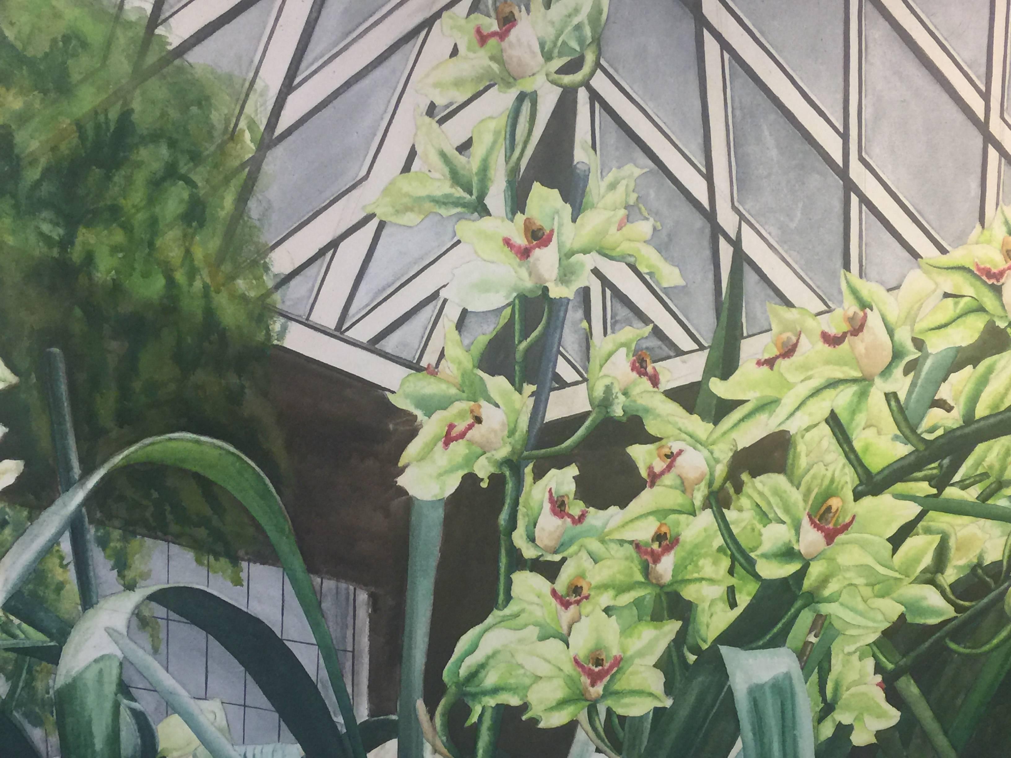 Signed Large Scale Modern Exotic Orchids in Green House Painting For Sale 1