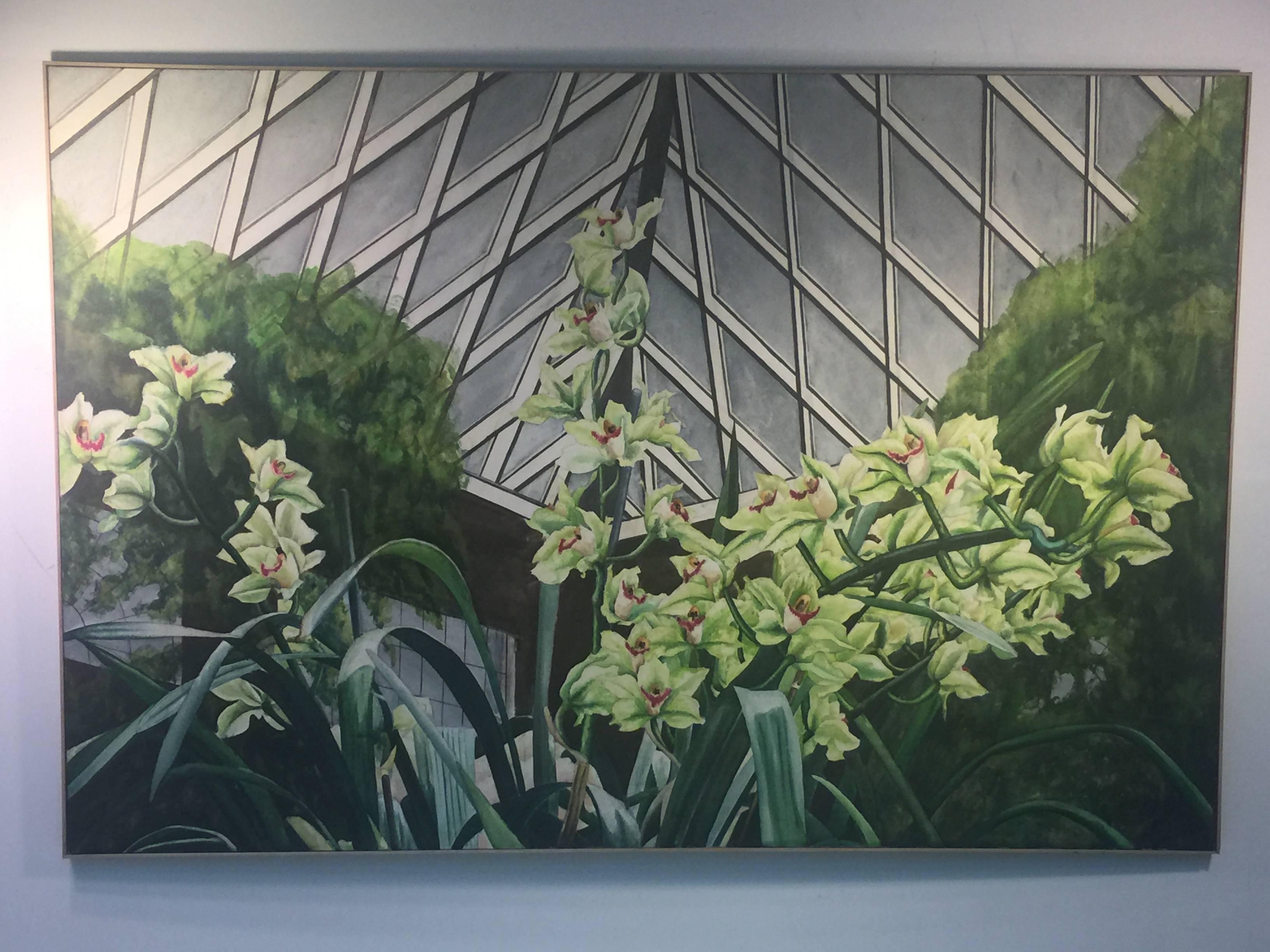 Signed Large Scale Modern Exotic Orchids in Green House Painting For Sale 2