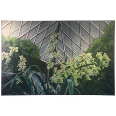 Signed Large Scale Modern Exotic Orchids in Green House Painting