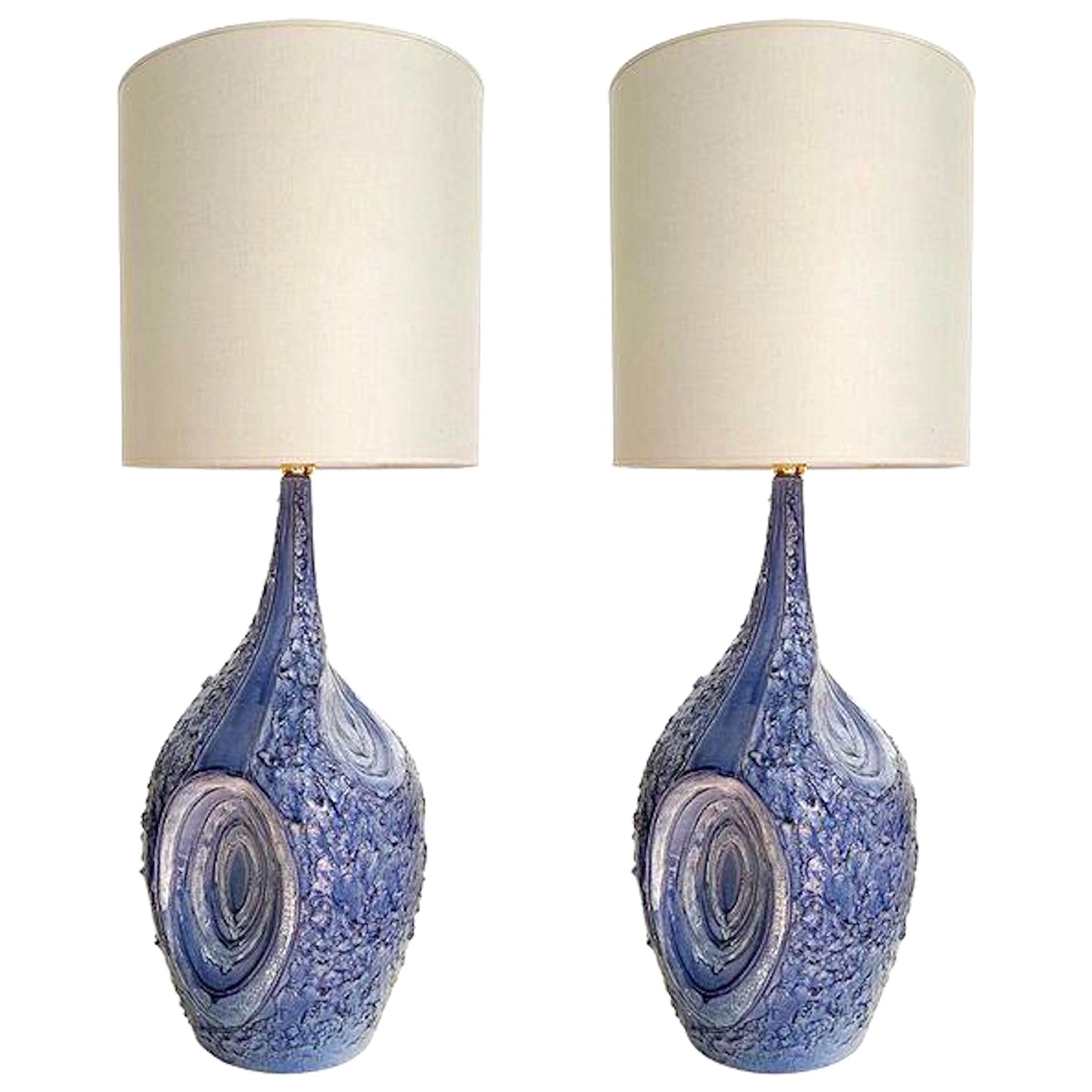 Large Textured Blue & White Ceramic Signed Italian Mid-Century Mod Table Lamps 
