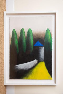 Larry Laslo Paesaggio astratto verde, grigio, giallo e nero su carta con cornice personalizzata