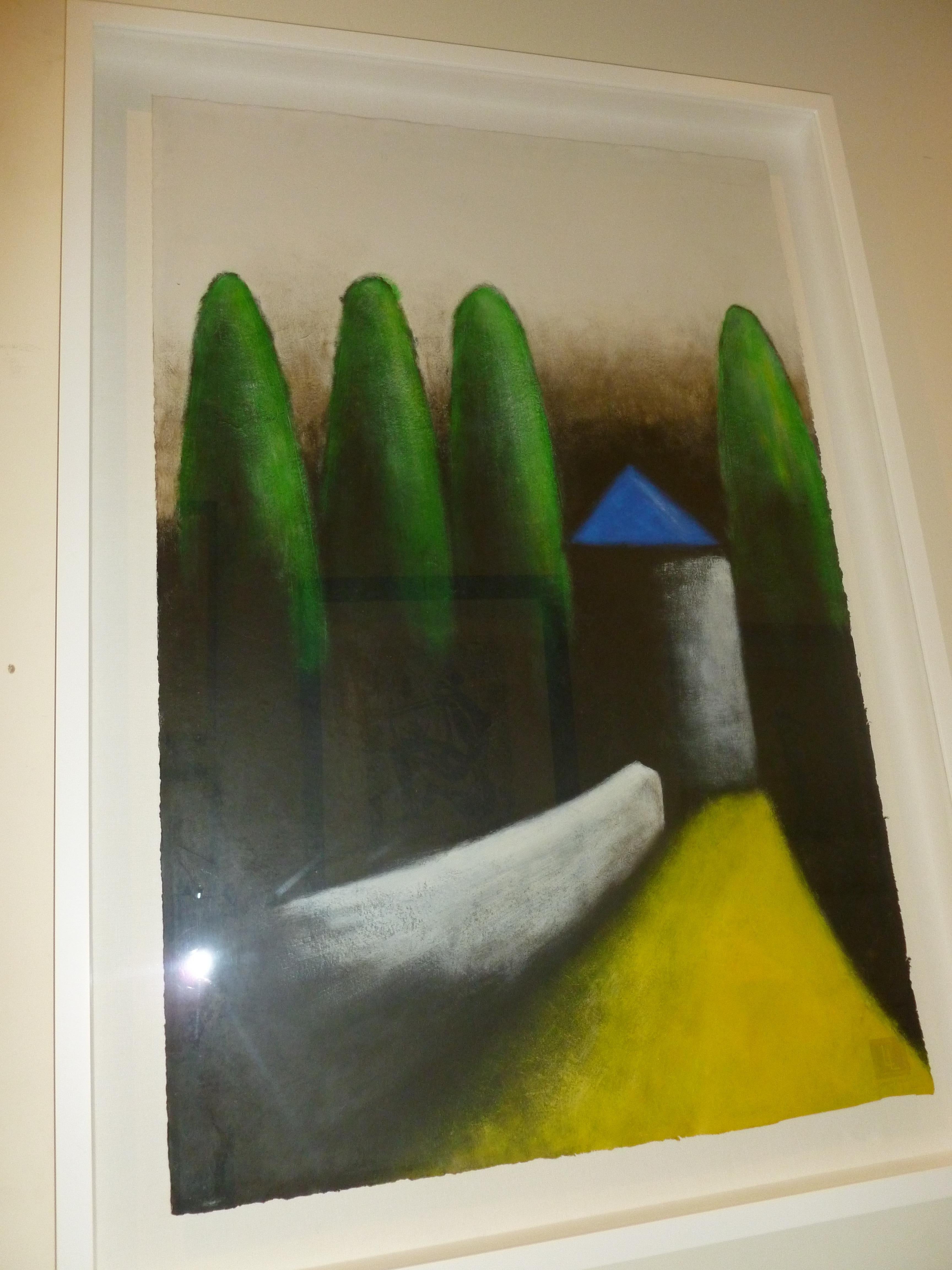 Wood Larry Laslo Green, Grey, Yellow, Black Abstract Landscape on Paper Custom Framed For Sale