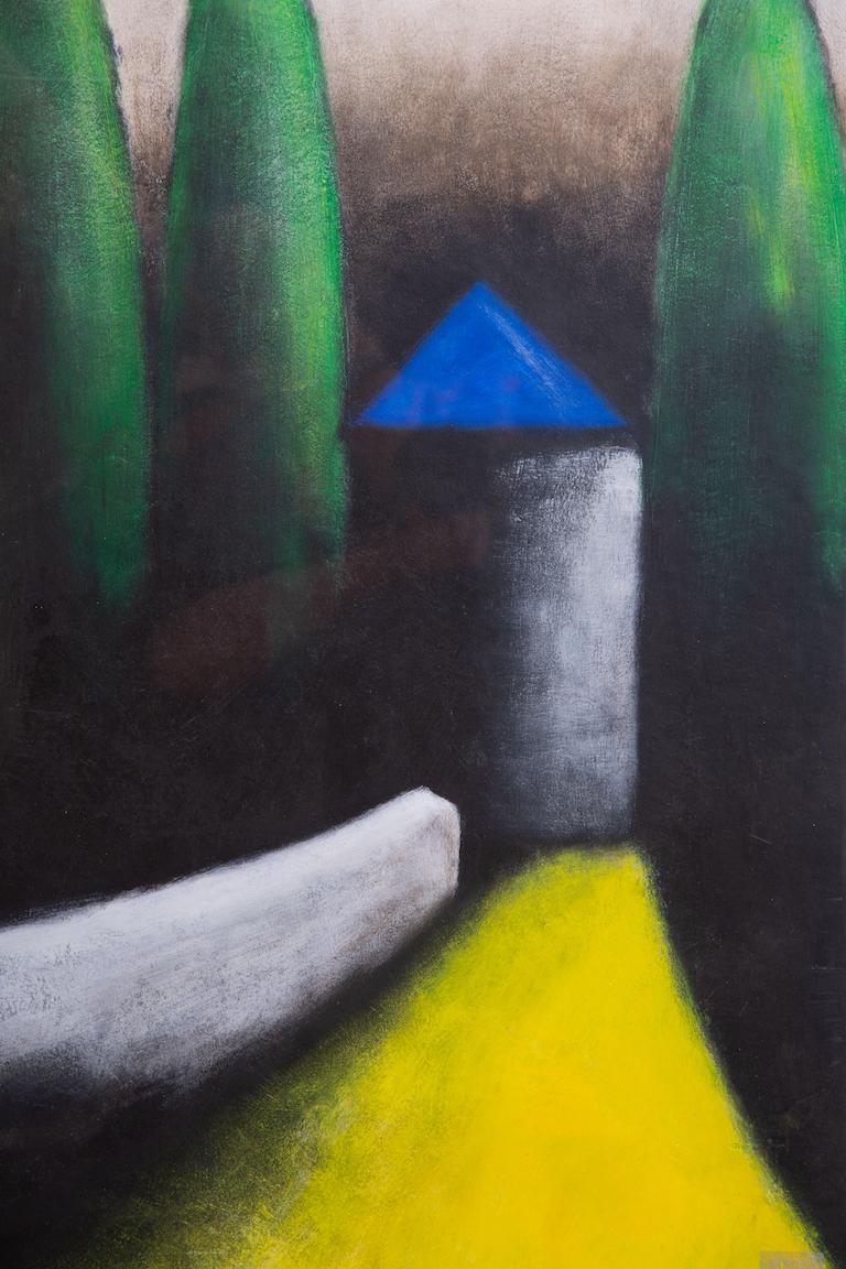 Modern Larry Laslo Green, Grey, Yellow, Black Abstract Landscape on Paper Custom Framed For Sale